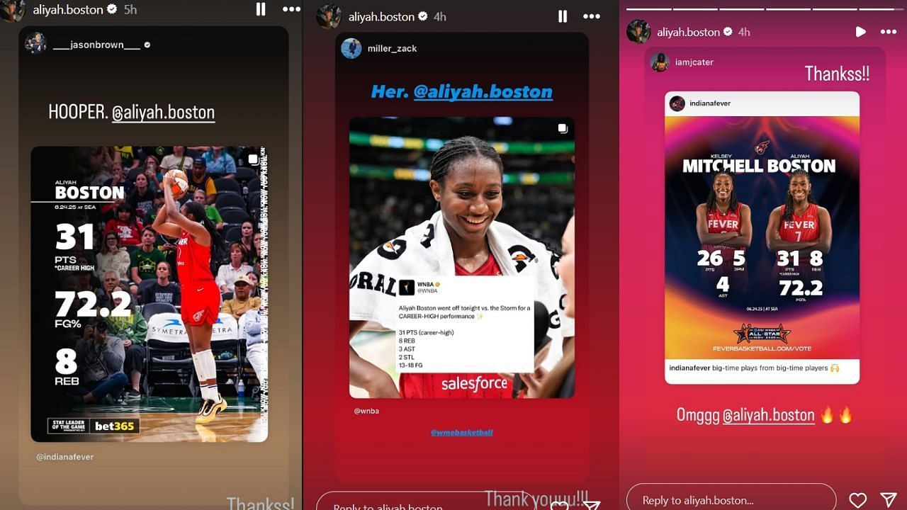 Aliyah Boston thanks her well-wishers on her IG story. (Credits: @aliyah.boston/Instagram)